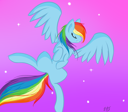 Size: 900x783 | Tagged: safe, artist:mystery-jack, rainbow dash, pegasus, pony, g4, eyes closed, female, flying, gradient background, mare, solo, spread wings, stars, wings