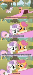 Size: 640x1440 | Tagged: safe, edit, edited screencap, screencap, scootaloo, sweetie belle, g4, one bad apple, the show stoppers, caption, comic, duo, fabric, lyrics, meme, musical instrument, piano, screencap comic