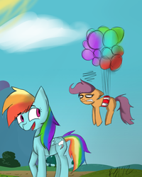 Size: 800x1000 | Tagged: safe, artist:8-blit-poni, rainbow dash, scootaloo, pegasus, pony, g4, balloon, duo, female, flying, scootaloo can't fly
