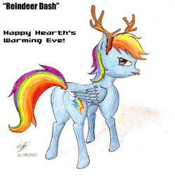 Size: 2500x2507 | Tagged: safe, artist:great-5, rainbow dash, reindeer, g4, both cutie marks, butt, christmas, colored pencil drawing, female, hearth's warming eve, holiday, plot, practice, reindeer dash, solo, tongue out, traditional art