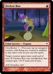 Size: 375x523 | Tagged: safe, artist:manasparks, edit, scootaloo, g4, sleepless in ponyville, card, crossover, fire, gotta go fast, magic the gathering, scootachicken, tcg, tent, trading card, wheel o feet