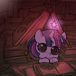 Size: 1000x1000 | Tagged: safe, artist:hinoraito, twilight sparkle, pony, unicorn, g4, book, book fort, book tent, cute, female, filly, hnnng, lying down, magic, prone, reading, smiling, that pony sure does love books, twiabetes, weapons-grade cute