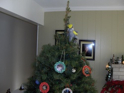 Size: 2304x1728 | Tagged: safe, artist:watermelonrat, derpy hooves, pegasus, pony, g4, christmas, christmas tree, derpy star, female, hilarious in hindsight, irl, mare, photo, plushie, tree