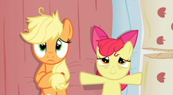Size: 629x346 | Tagged: safe, screencap, apple bloom, applejack, earth pony, pony, apple family reunion, g4, bed, female, filly, mare, on back, out of context, pillow
