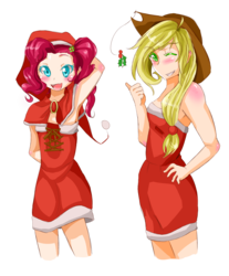 Size: 2400x2900 | Tagged: safe, artist:applestems, applejack, pinkie pie, human, g4, christmas, duo, duo female, female, humanized, simple background, transparent background