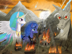 Size: 1600x1200 | Tagged: safe, artist:masdragonflare, discord, princess celestia, princess luna, alicorn, draconequus, pony, g4, crying, female, fire, mare