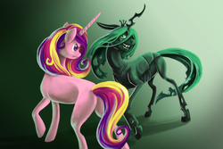 Size: 1800x1200 | Tagged: safe, artist:graypaint, princess cadance, queen chrysalis, changeling, changeling queen, g4, crown, fangs, female, jewelry, multicolored mane, regalia, wingless alicorn
