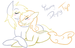 Size: 1280x820 | Tagged: safe, artist:xxaurelia, carrot top, derpy hooves, golden harvest, earth pony, pegasus, pony, g4, cuddling, female, lesbian, mare, nuzzling, ship:derpytop, shipping