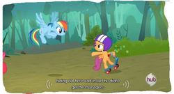 Size: 655x355 | Tagged: safe, screencap, rainbow dash, scootaloo, g4, sleepless in ponyville, duo, helmet, hub logo, scooter, youtube caption