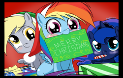 Size: 1400x890 | Tagged: safe, artist:ninja-8004, derpy hooves, princess luna, rainbow dash, pony, g4, candy cane, christmas, cute, filly, hat, mouth hold, present, santa hat, woona