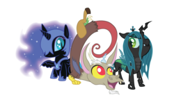 Size: 9887x6093 | Tagged: safe, artist:utahraptorz-poniez, discord, nightmare moon, queen chrysalis, alicorn, changeling, changeling queen, draconequus, nymph, pony, g4, absurd resolution, black body, black coat, black fur, black pony, black wings, blue hair, blue mane, brown body, brown coat, colored sclera, cute, cutealis, discute, ethereal hair, ethereal mane, female, filly, filly queen chrysalis, foal, galaxy hair, galaxy mane, green eyes, male, moonabetes, nightmare woon, red eyes, simple background, slit pupils, starry hair, starry mane, teal eyes, teal hair, teal mane, teal tail, transparent background, trio, vector, wings, yellow sclera, young, young discord, younger