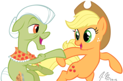 Size: 4670x3097 | Tagged: safe, artist:epic-panda17, applejack, granny smith, earth pony, pony, apple family reunion, g4, applejack's hat, bipedal, cowboy hat, dancing, duo, hat, open mouth, simple background, transparent background, vector