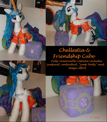 Size: 1121x1273 | Tagged: safe, artist:drachefrau, princess celestia, alicorn, pony, g4, companion cube, crossover, irl, photo, plushie, portal (valve), solo