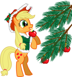 Size: 1914x2057 | Tagged: safe, artist:saber-scorpion, applejack, pony, g4, apple, bipedal, christmas, clothes, decoration, female, holly, mouth hold, ornament, solo, tree