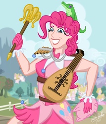 Size: 1200x1405 | Tagged: safe, artist:saber-scorpion, gummy, pinkie pie, g4, bard, bard pie, dungeons and dragons, fantasy class, hilarious in hindsight, humanized, lute, mace, musical instrument