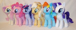 Size: 3008x1196 | Tagged: dead source, safe, artist:planetplush, applejack, fluttershy, pinkie pie, rainbow dash, rarity, twilight sparkle, g4, irl, mane six, photo, plushie