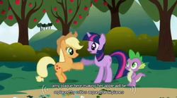 Size: 635x353 | Tagged: safe, screencap, applejack, spike, twilight sparkle, unicorn, friendship is magic, g4, unicorn twilight, youtube caption