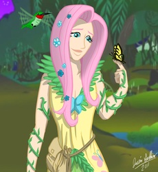 Size: 1200x1304 | Tagged: safe, artist:saber-scorpion, fluttershy, butterfly, human, hummingbird, g4, cleavage, clothes, dress, druid, dungeons and dragons, female, flutterdruid, humanized