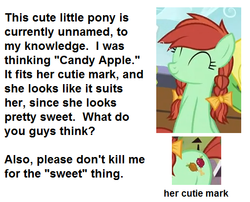 Size: 512x413 | Tagged: safe, edit, edited screencap, screencap, candy apples, earth pony, pony, apple family reunion, g4, apple family, apple family member, meta, text