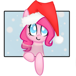 Size: 1000x1000 | Tagged: safe, artist:jonah-yeoj, pinkie pie, earth pony, pony, g4, christmas, colored pupils, cute, diapinkes, female, fourth wall, hat, out of frame, santa hat, snow, snowfall, solo
