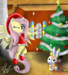 Size: 1800x2000 | Tagged: safe, artist:bronyontheway, angel bunny, fluttershy, g4, christmas, christmas lights, christmas tree, clothes, duo, hat, pet, santa hat, tree, wink