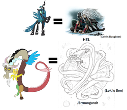 Size: 1105x957 | Tagged: safe, discord, queen chrysalis, changeling, changeling queen, draconequus, sea serpent, g4, female, goddess, hel, jormungandr, loki, male, norse mythology, possible relation, simple background, white background