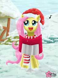 Size: 1944x2592 | Tagged: safe, artist:clouddg, fluttershy, pony, g4, caroling, clothes, female, hat, santa hat, scarf, snow, snowfall, solo