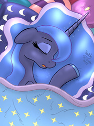 Size: 900x1200 | Tagged: safe, artist:joakaha, princess luna, pony, g4, bed, female, pillow, sleeping, solo