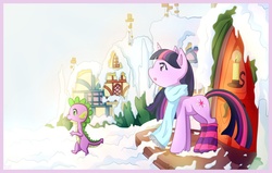 Size: 1970x1250 | Tagged: safe, artist:shiita64, spike, twilight sparkle, g4, clothes, scarf, snow, socks, striped socks