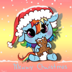 Size: 1000x1000 | Tagged: safe, artist:hinoraito, rainbow dash, pegasus, pony, g4, abstract background, baby, baby dash, baby pony, christmas, cookie, cute, dashabetes, diaper, female, filly, foal, gingerbread (food), gingerbread pony, hat, holiday, mare, nom, santa hat, solo