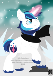 Size: 749x1067 | Tagged: safe, artist:themightyray, shining armor, pony, g4, clothes, male, scarf, snow, snowfall, solo, winter