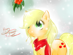 Size: 1200x900 | Tagged: safe, artist:prettybruise, applejack, pony, g4, clothes, female, loose hair, scarf, snow, snowfall, solo