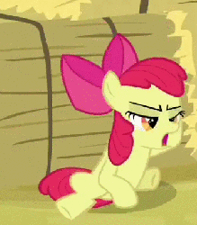 Size: 359x409 | Tagged: safe, screencap, apple bloom, earth pony, pony, apple family reunion, g4, angry, animated, apple bloom is not amused, female, hay, pouting, solo