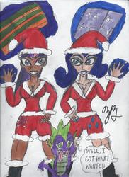 Size: 1700x2338 | Tagged: safe, artist:thekaijunerd, rarity, spike, twilight sparkle, g4, dark skin, humanized, santa claus