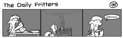 Size: 1280x404 | Tagged: safe, artist:tetrapony, derpy hooves, pegasus, pony, comic:the daily derp, g4, comic, cooking, eating, female, food, fritter, mare, monochrome, solo, the daily fritters