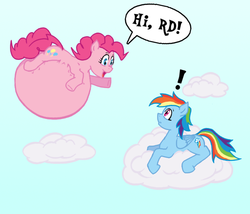 Size: 700x600 | Tagged: safe, pinkie pie, rainbow dash, pegasus, pony, g4, balloon, belly, cloud, cloudy, female, floating, inflation, mare, on a cloud, sky