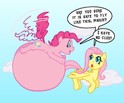 Size: 599x500 | Tagged: safe, fluttershy, pinkie pie, g4, balloon, belly, cloud, cloudy, floating, inflation, sky