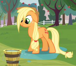 Size: 793x685 | Tagged: safe, screencap, applejack, earth pony, pony, apple family reunion, g4, bucket, cropped, female, mare, solo, water, wet, wet mane