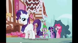 Size: 638x355 | Tagged: safe, screencap, pinkie pie, rarity, spike, twilight sparkle, g4, the ticket master, democracy, youtube caption