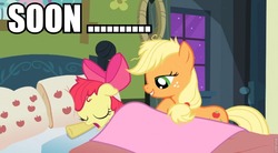 Size: 960x530 | Tagged: safe, apple bloom, applejack, g4, image macro, soon