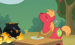 Size: 1181x707 | Tagged: safe, screencap, big macintosh, earth pony, pony, apple family reunion, g4, food, male, stallion