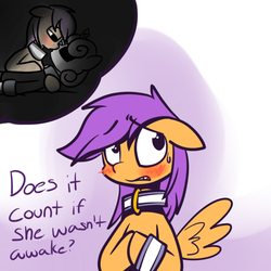 Size: 650x650 | Tagged: safe, artist:serendipity-kitty, scootaloo, sweetie belle, pegasus, pony, g4, blushing, collar, female, implied molestation, implied sex, lesbian, lesboloo, meanie belle, ship:scootabelle, shipping, sleeping, somnophilia