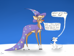 Size: 1316x998 | Tagged: safe, artist:short circuit, trixie, arctic fox, deer, fox, reindeer, g4, cape, clothes, crossover, hat, implied pinkie pie, kathleen barr, rudolph the red nosed reindeer, rudolph the red nosed reindeer (1998), slyly, trixie's cape, trixie's hat, voice actor joke