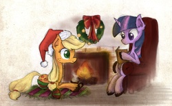 Size: 1265x777 | Tagged: safe, artist:eljonek, applejack, twilight sparkle, g4, chair, christmas, clothes, fireplace, hat, reading, santa hat, sitting, socks