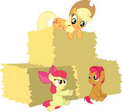 Size: 10000x9224 | Tagged: safe, artist:implatinum, apple bloom, applejack, babs seed, earth pony, pony, g4, absurd resolution, apple sisters, female, filly, foal, hay bale, mare, siblings, simple background, sisters, transparent background, trio, trio female, vector