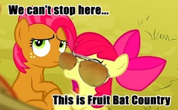 Size: 615x381 | Tagged: safe, screencap, apple bloom, babs seed, earth pony, fruit bat, pony, apple family reunion, g4, duo, fear and loathing in las vegas, female, filly, image macro, meme, parody, raoul duke, sunglasses, we can't stop here this is bat country