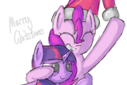 Size: 900x600 | Tagged: safe, artist:datgmfreak, pinkie pie, twilight sparkle, g4, christmas, eyes closed, female, hat, hearth's warming eve, hug, lesbian, santa hat, ship:twinkie, shipping