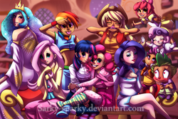 Size: 1600x1067 | Tagged: safe, artist:sarky-sparky, apple bloom, applejack, fluttershy, pinkie pie, princess celestia, rainbow dash, rarity, scootaloo, spike, sweetie belle, twilight sparkle, human, g4, clothes, cutie mark crusaders, dress, humanized, midriff, skirt