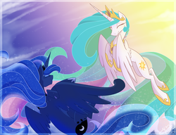 Size: 3000x2307 | Tagged: dead source, safe, artist:probablyfakeblonde, princess celestia, princess luna, alicorn, pony, g4, duo, eyes closed, happy, royal sisters, sisters, smiling