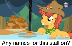 Size: 581x374 | Tagged: safe, edit, edited screencap, screencap, half baked apple, earth pony, pony, apple family reunion, g4, my little pony: friendship is magic, season 3, apple family member, apple fritter (food), background pony, bucktooth, cowboy hat, critical research failure, food, hat, hub logo, logo, male, meta, neckerchief, solo, stallion, the hub